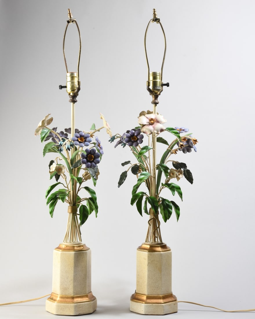 Pair of Vintage Floral Toleware Lamps: Powers on, no visible maker's marks. Dimensions approx. 33" H to top of finial x 10" x 10". VHC 312 Our primary recommendation is to arrange shipping yourself using Blue Ridge Pack & Ship. Most
