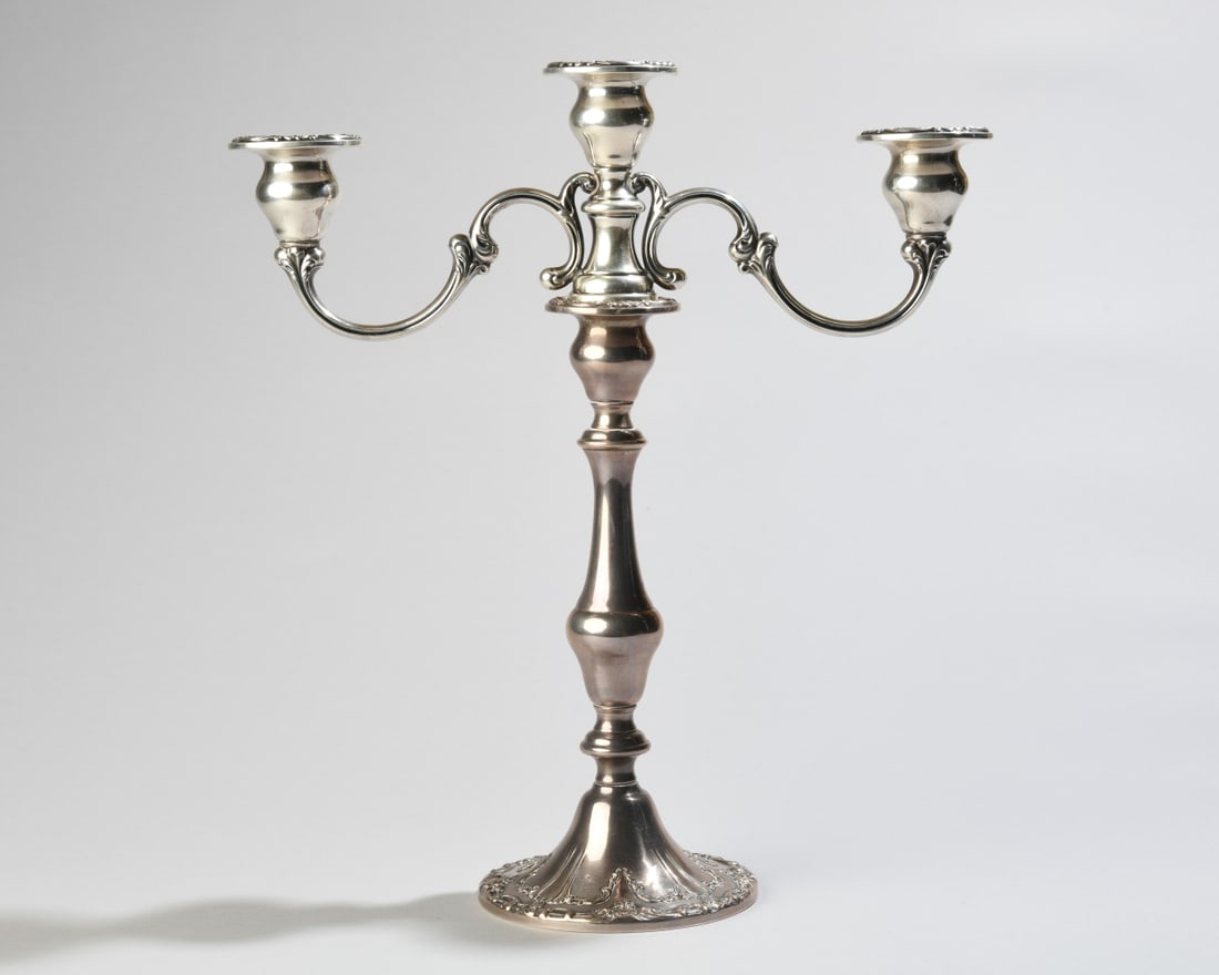 Gorham Weighted Sterling 3-Light Candelabra: Marked to underside, some minor dings and dents. H: approx. 13", approx. 11 3/4" from arm to arm, base Dia: approx. 4 3/4". Our primary recommendation is to arrange shipping yourself using Blue Ridge 
