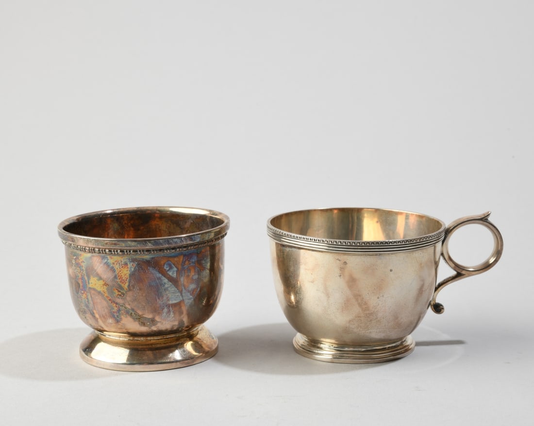 Two Pieces Antique English Sterling Silver: Small mug and master salt, no monograms, both Birmingham, the mug marked for E.S.B.(Edward Souter Barnsley and dated 1915, the mast salt marked for E.W.H. (Edward William Haywood and dated 1861).
