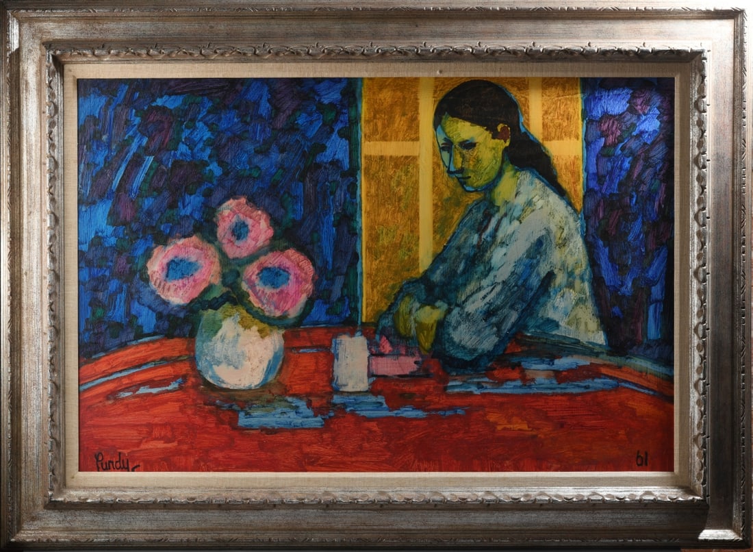 Donald Purdy (American, 1924 - 2016): Oil on board, expressionist interior scene with figure seated at table. Signed "Purdy" lower left and dated (19)61 lower right, framed.Visible image approx. 35 1/4" x 23 1/4". Frame approx. 44 1/2" x 