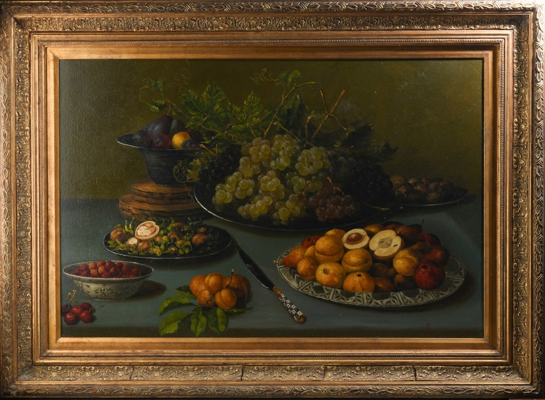 20th C. Oil on Canvas Still Life: Signed to lower right "Roche 89", framed. Some damage to frame. Sight: approx. 35 1/2" x 23 1/2". Frame: approx. 45 1/2" x 33 1/2". Our primary recommendation is to arrange shipping yourself using