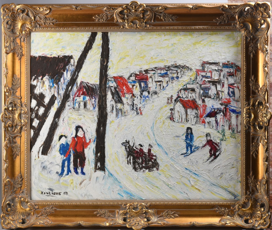 Michel Kouliche (French, 1922 - 2010): OIl on canvas, signed lower left Kouliche (19)69, expressionists impasto winter scene. Signed, dated and titled "Village sous la Neige" to verso. Framed. Some minor damage to frame. Sight: approx. 29