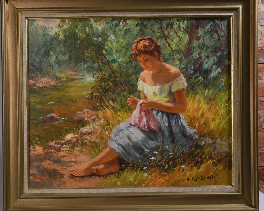 Andre Galzenati (Italian, 1890 -1979): Oil on canvas, signed "A. Galzenati" to lower right, Impressionist-style, depicting woman sewing next to a stream. Framed. Some minor damage to frame. Sight: approx. 25" x 20 3/4". Frame: approx. 31