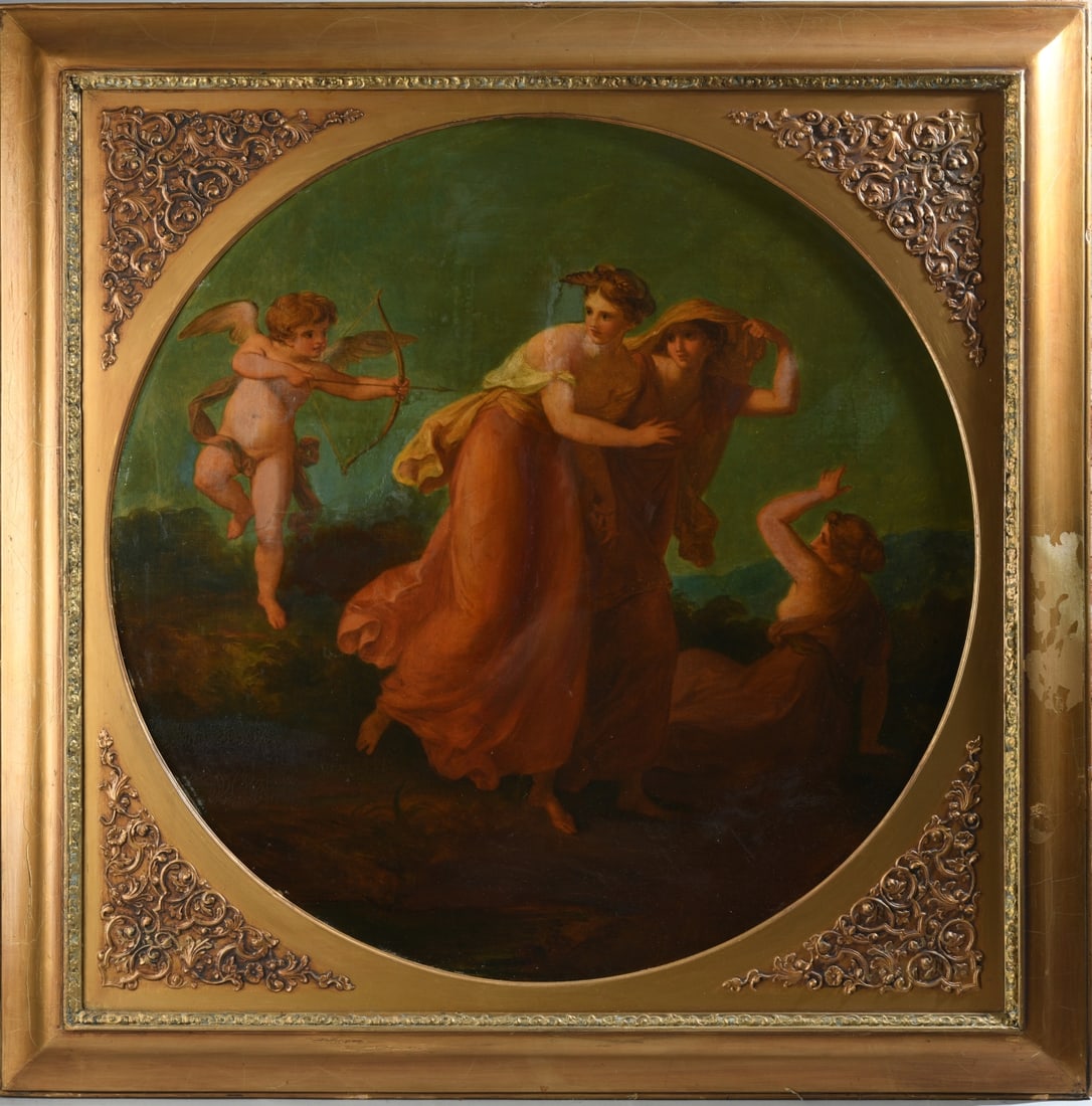 Oil on Board Classical Scene: Unsigned, depicting three female figures accompanied by Cupid drawing his bow, framed. Some minor staining / damage. Sight: approx. 25 1/4" Diameter.Frame: approx. 32 1/4" x 32 1/4". Our primary