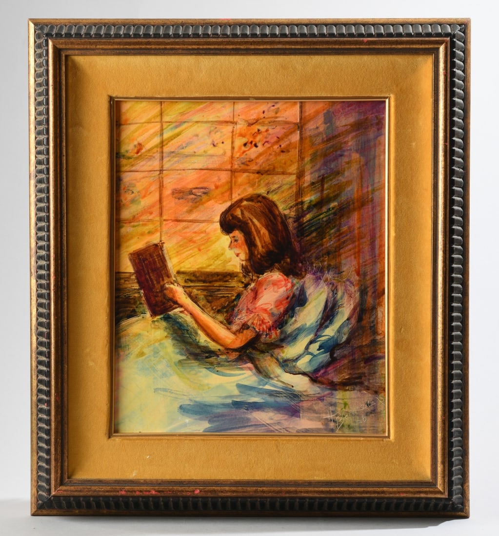 20th C. Mixed Media, Girl Reading: Signed H. Berman lower left, framed. Minor scuffs to frame. Visible image: approx. 12" x 9 3/4". Frame: approx. 18 1/4" x 16". Our primary recommendation is to arrange shipping yourself using Blue