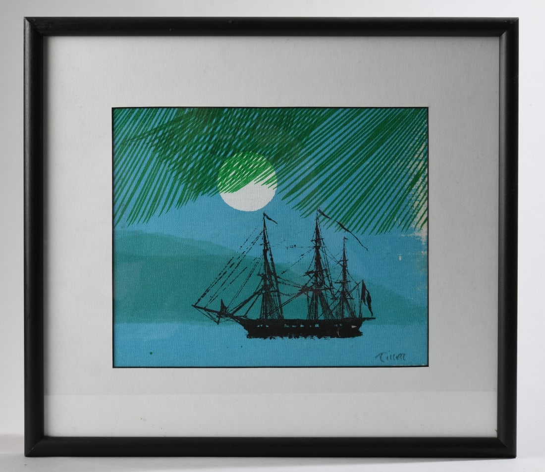 Jim Tillett (American, 20th C.) Silkscreen: Signed lower right, matted framed. Depicting a tall ship on water with full moon. Minor wear to frame. Sight: approx. 10 1/4" x 8 1/2". Frame: approx. 16" x 14 1/2". Our primary recommendation is to