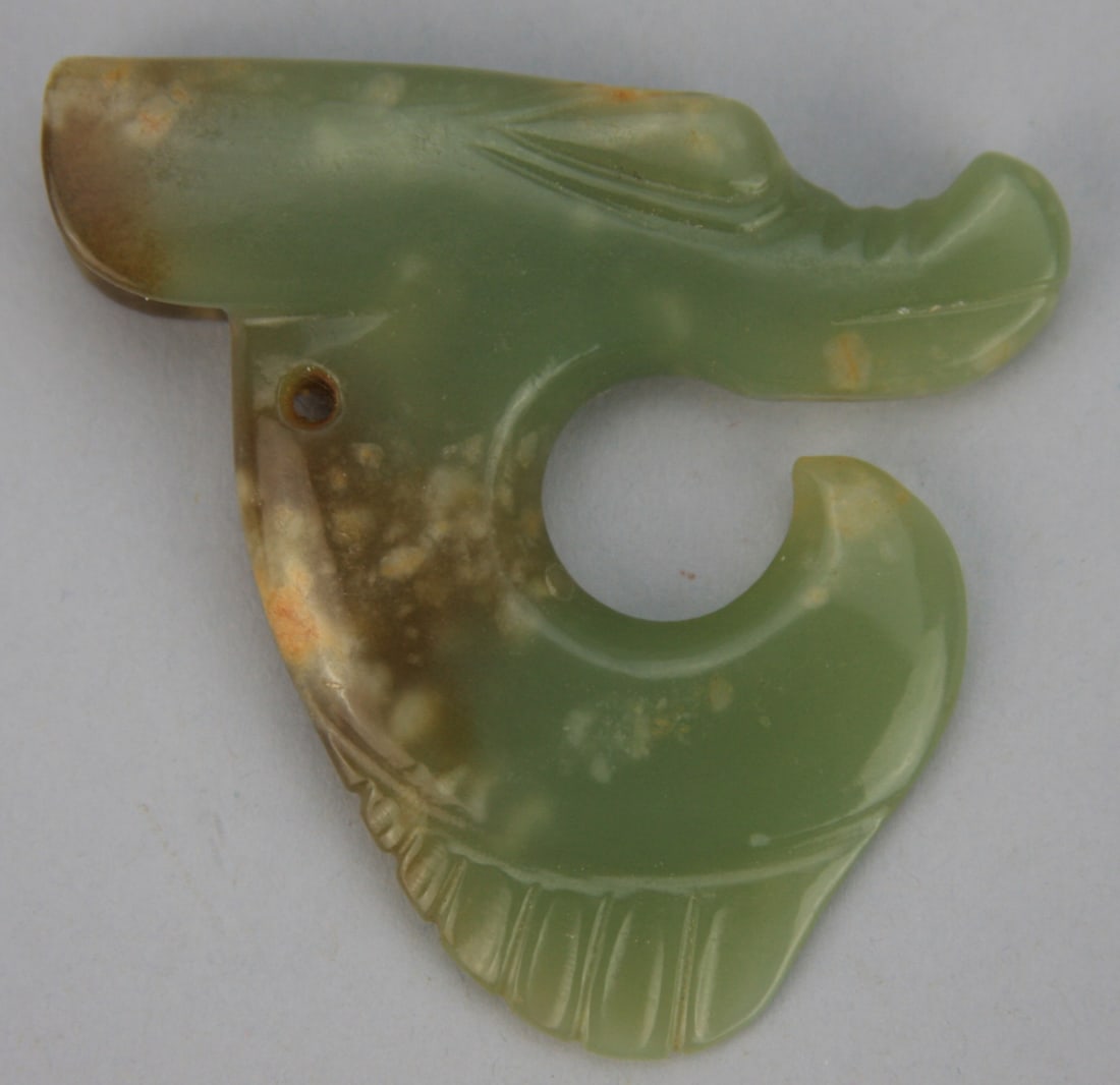 Chinese Carved Green and Russet Jade Arachaic Dragon Hook - 2