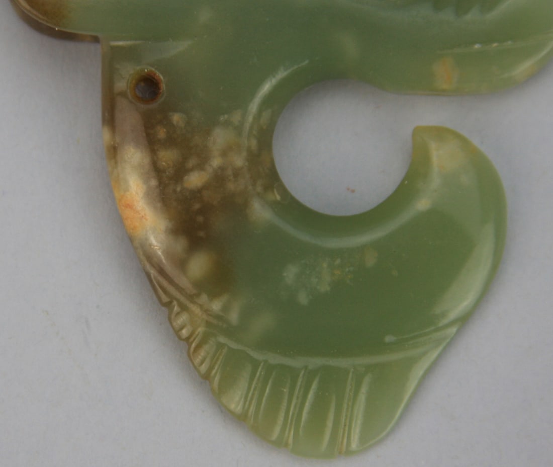 Chinese Carved Green and Russet Jade Arachaic Dragon Hook - 3