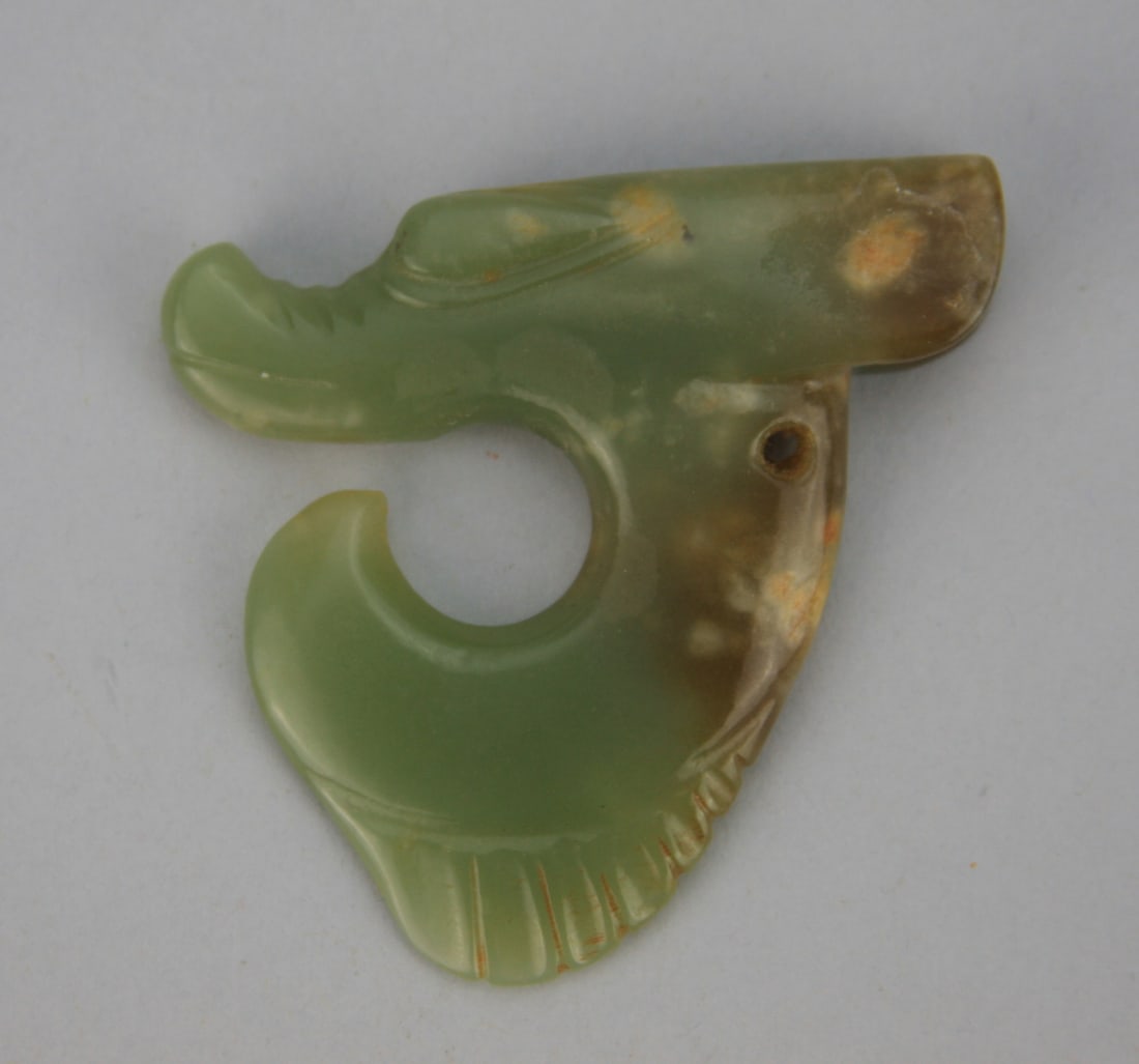 Chinese Carved Green and Russet Jade Arachaic Dragon Hook - 4