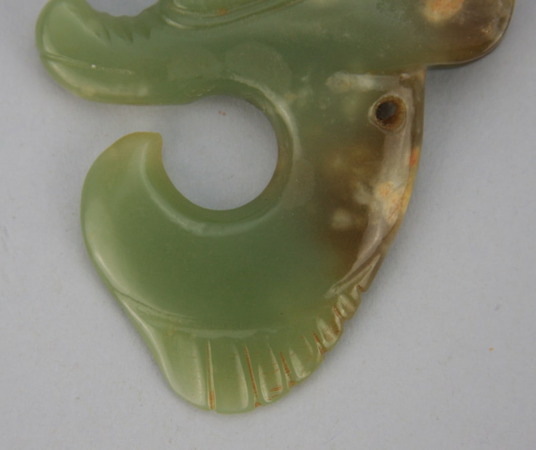 Chinese Carved Green and Russet Jade Arachaic Dragon Hook - 6