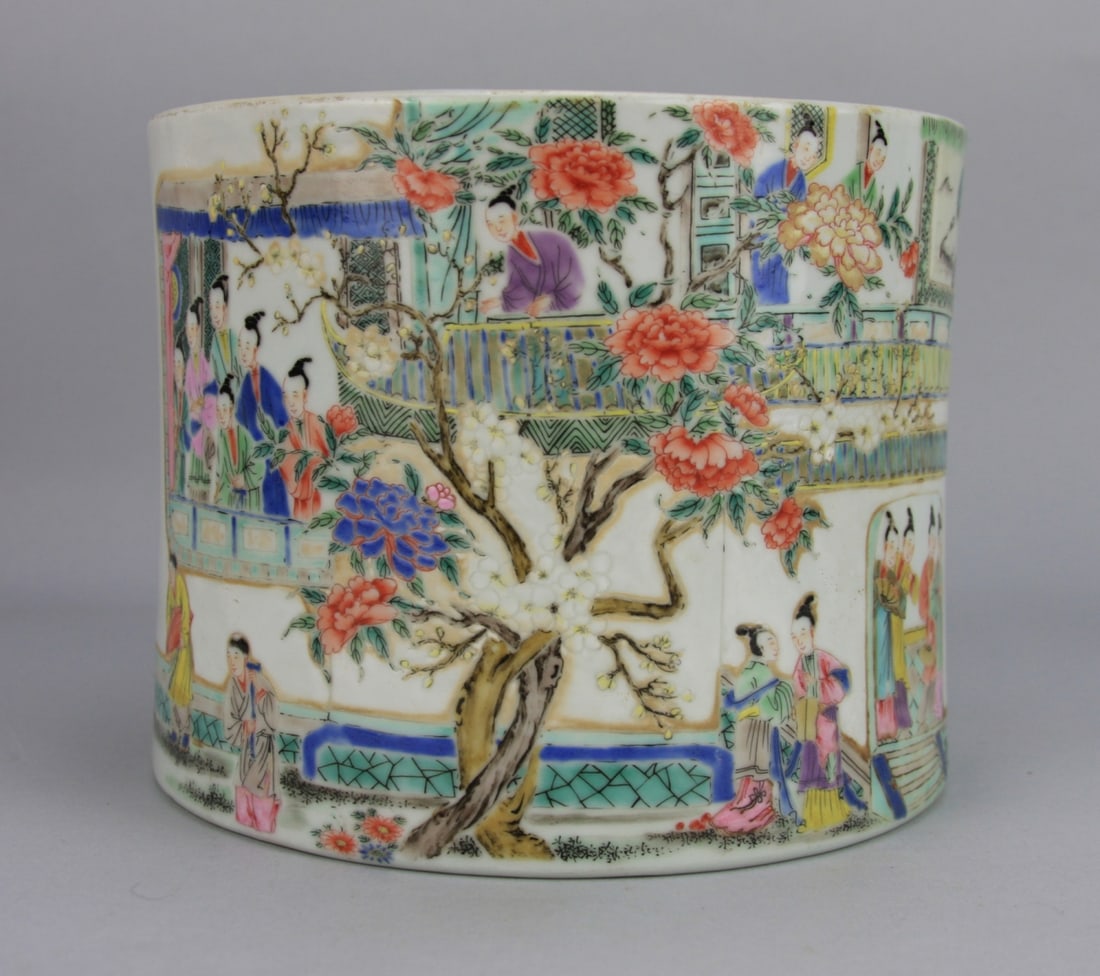 Chinese Famille Rose Porcelain Brush Pot: With continous decoration of a palace pavillion and courtyard with figures. 6 1/4" high, 7 1/2" diameter. Our primary recommendation is to arrange shipping yourself using Blue Ridge Pack & Ship. Most