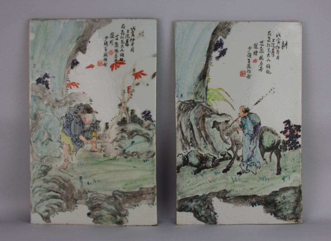 Pair of Chinese Enamel Decorated Porcelain Plaques: Pair of Chinese enamel decorated rectangular porcelain plaques. Each with a figure in a mountainous landscape. Calligraphy and red seals. Qianjiang style Republic period. Approx. 10 1/2" X 17". Our
