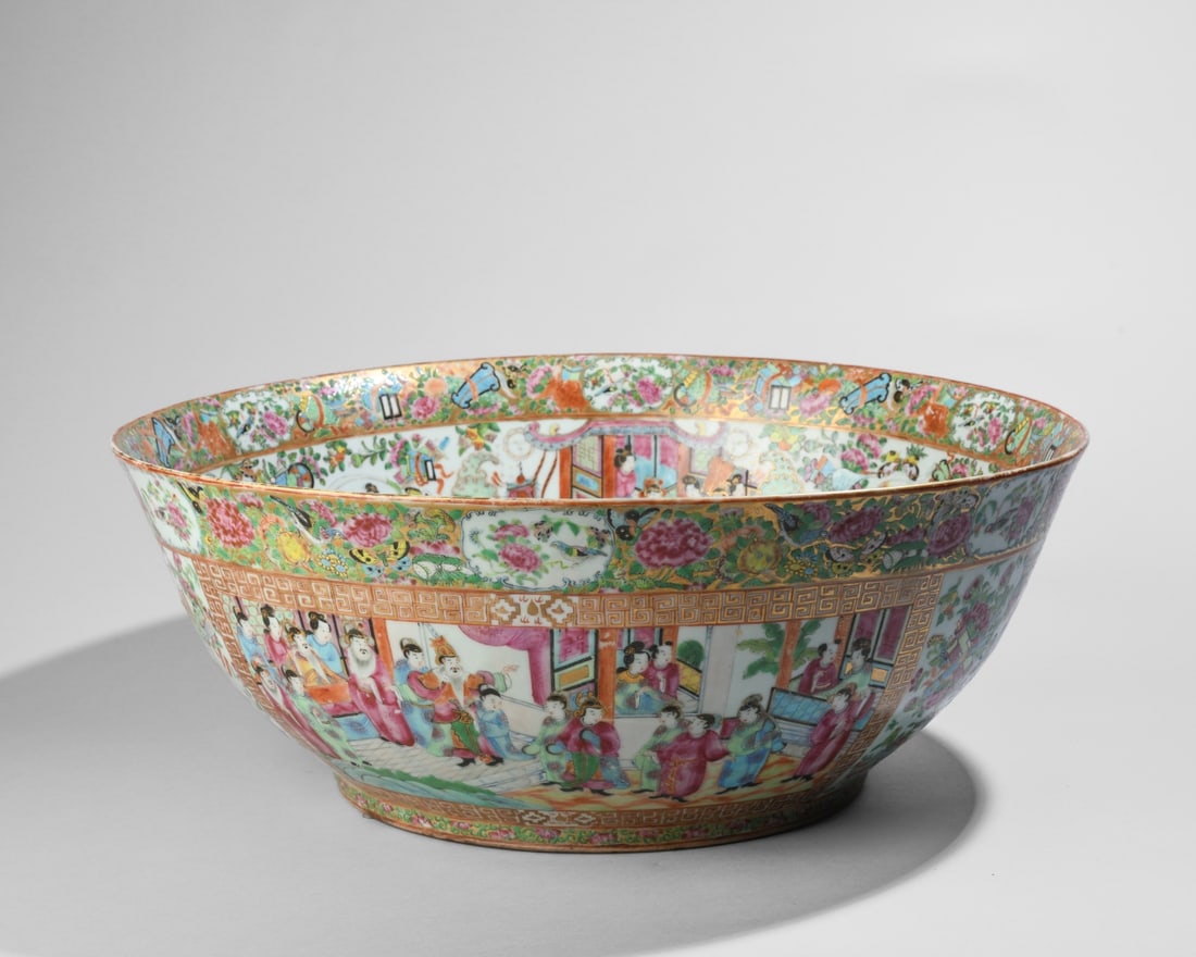 Monumental 19th C. Rose Medallion Punch Bowl: An exceptionally large and finely painted Chinese export Rose Medallion porcelain punch bowl of monumental proportions, decorated with classic courtly scenes, vibrant floral panels, and gold borders. 