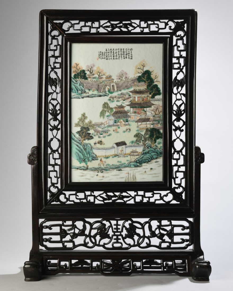 Chinese Porcelain Plaque - Tengwang Pavilion: Chinese Famille Rose porcelain plaque, republic period. Finely painted with an extensive architectural landscape centered on the famed Tengwang Pavilion, Nanchang, with scholars, attendants,