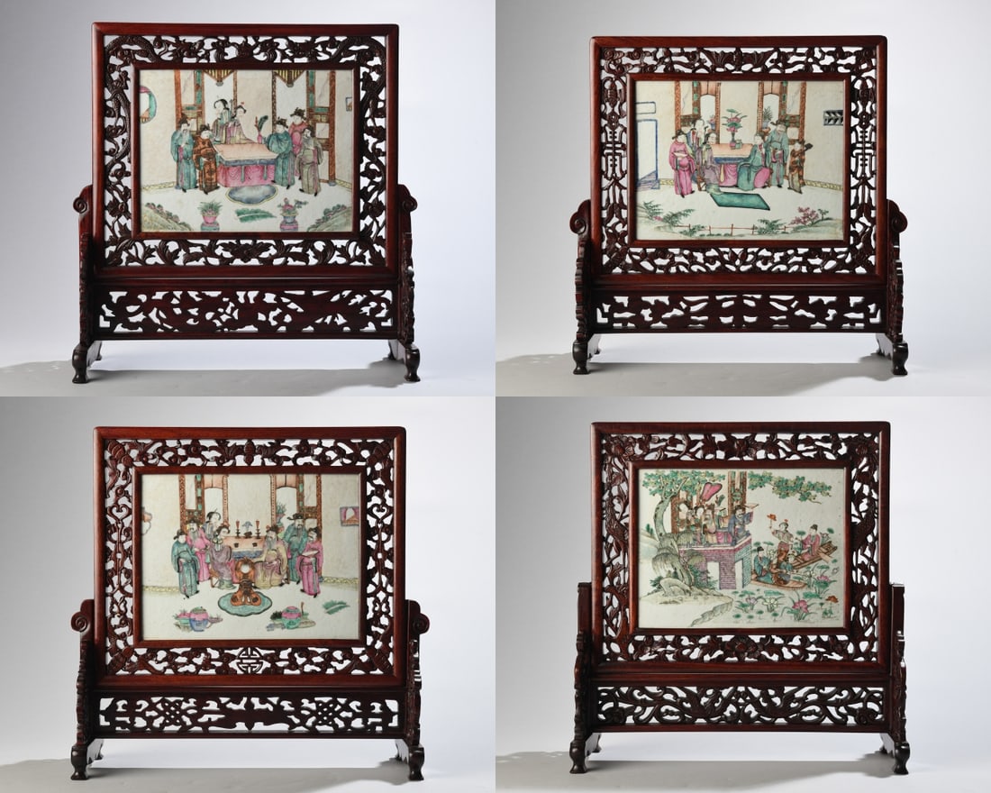 Set of Four Chinese Porcelain Plaque Table Screens: Set of four Chinese Famille Rose porcelain plaque table screens, comprising three interior courtly gathering scenes and one exterior garden pavilion scene with figures among lotus. Each hand painted