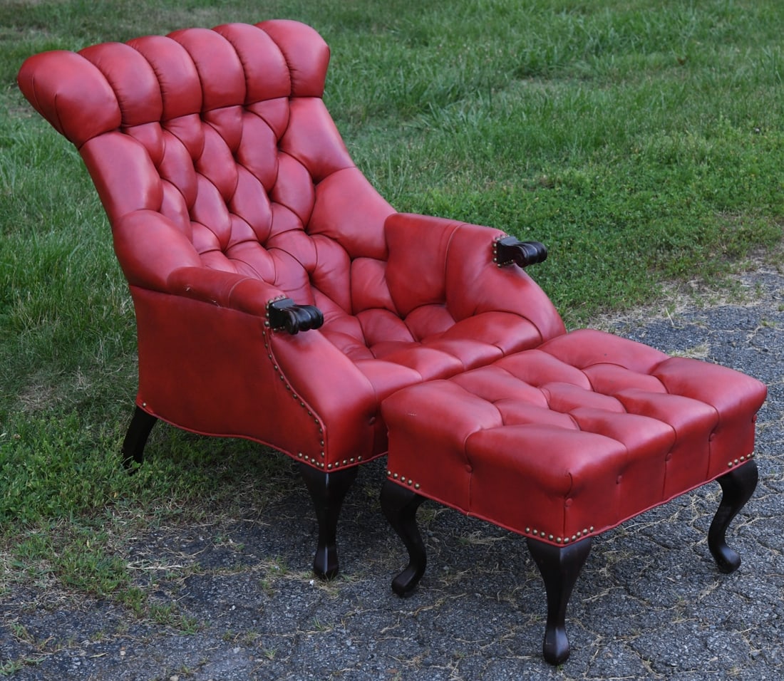 Carl Forslund "Rip Van Lee" Chair & Ottoman: Mid to late 20th-century "Rip Van Lee" lounge chair and matching ottoman by Carl Forslund (Grand Rapids, MI). Features deep diamond tufting, an ergonomically curved lumbar backrest, hand-carved wood