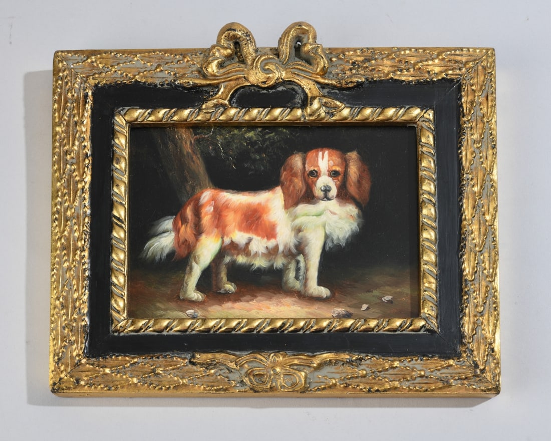Oil on Panel of a King Charles Spaniel: Hand painted oil on board depicting a standing Cavalier King Charles Spaniel. Retains Robert Grace label to verso. Frame approx. 10" x 8 1/2". Sight approx. 6 1/2" x 4 1/2". Our primary