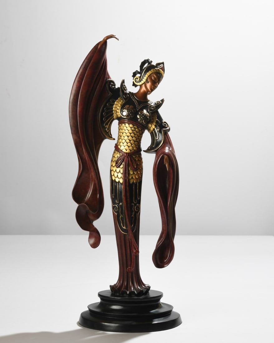 Erte (Romain de Tirtoff, 1892-1990) Chinese Legend: Cold painted bronze figural sculpture, published by Dyansen Corporation, New York, 1988, from “The Erte Sculpture Collection: Treasures in Bronze,” depicting a stylized female figure in elabor