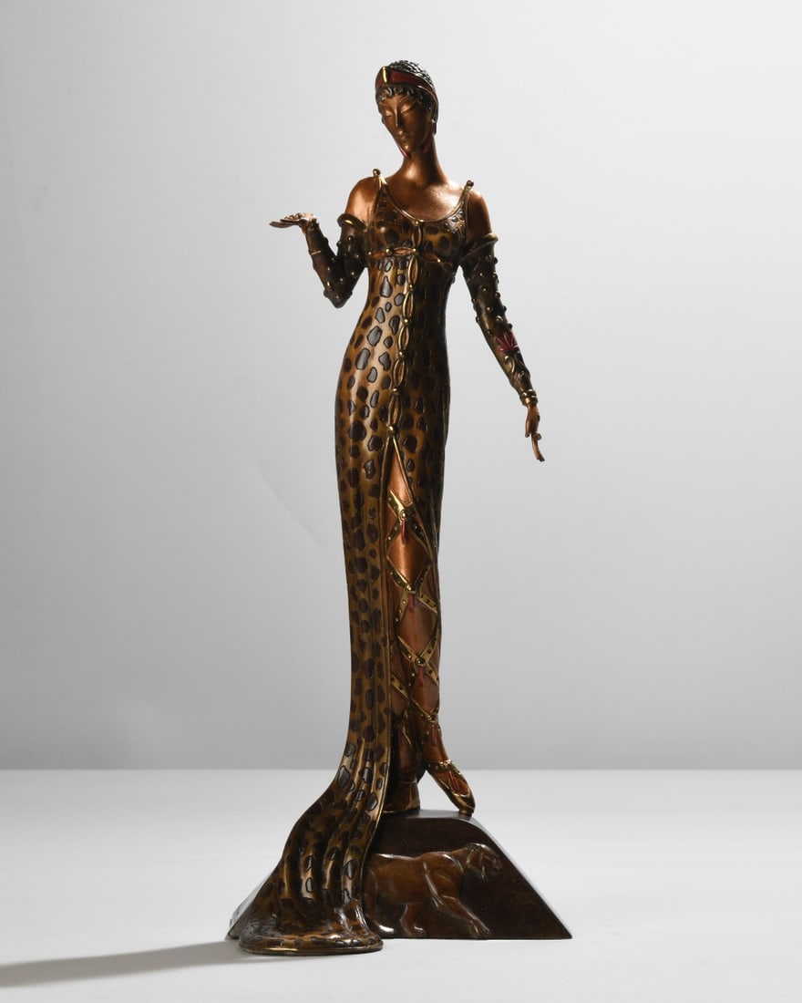 Erte (Romain de Tirtoff, 1892-1990) Julietta: Cold painted bronze figural sculpture, published by Dyansen Corporation, New York, 1987, from “The Erte Sculpture Collection: Treasures in Bronze,” depicting a stylized female figure in a