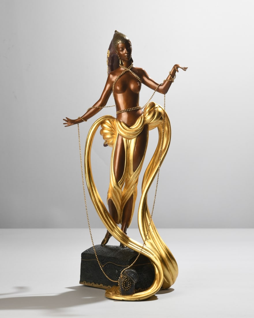 Erte (Romain de Tirtoff, 1892-1990): Pleasure of the Courtesan, cold painted bronze figural sculpture, published by Chalk & Vermilion Fine Arts, Greenwich, Connecticut, 1988, depicting a stylized female figure adorned with draped gilt