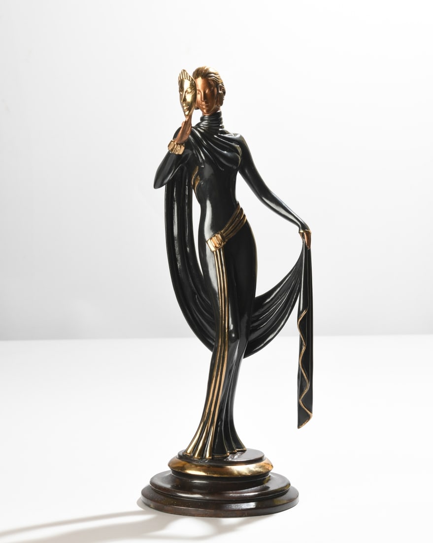 Erte (Romain de Tirtoff, 1892-1990), Le Masque: 1986 patinated bronze figural sculpture from the “Images in Bronze” series, depicting a stylized standing female figure in flowing black gown holding a theatrical mask, with gilt highlights
