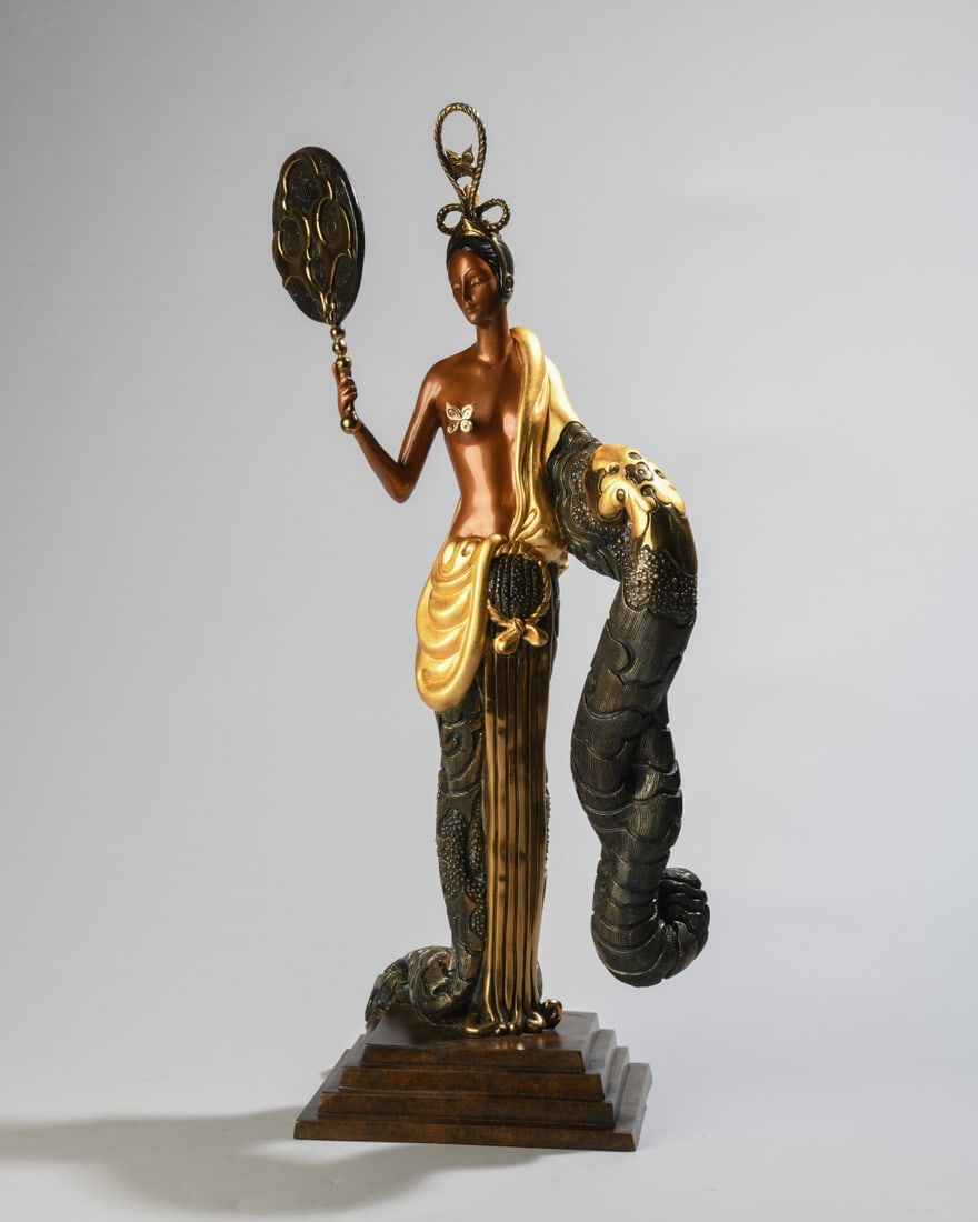 Erte (Romain de Tirtoff, 1892-1990), Bamboo: 1988 patinated bronze figural sculpture from the “Theatre in Bronze” collection, depicting a standing female figure holding an ornamental hand mirror and draped with stylized bamboo or