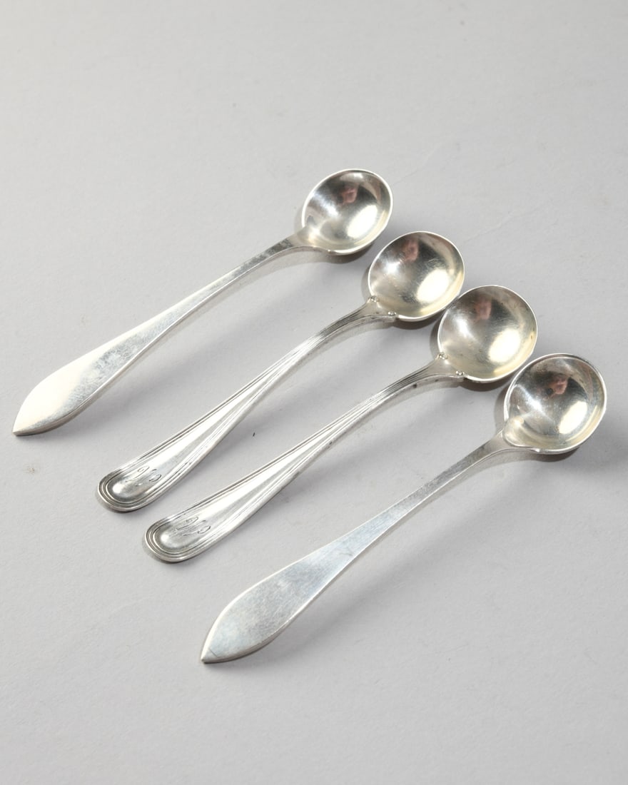 Four Sterling Silver Demitasse Spoons: Various makers and marks, all marked sterling, two with monograms. Longest: approx. 3 3/8". Total weight: approx. 0.70 ozt. Our primary recommendation is to arrange shipping yourself using Blue Ridge