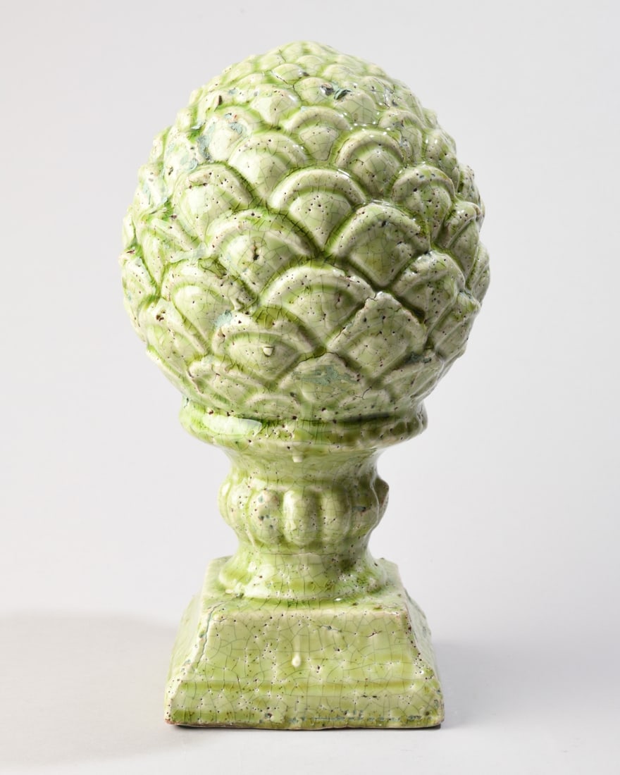 Ceramic Artichoke Finial Ornament: Green crackle glaze, modeled as a stylized artichoke or pinecone-form finial. Raised on square base. Circa late 20th century. Some minor firing and age-related flaws. Dimensions approx. 10 1/2" H x 5