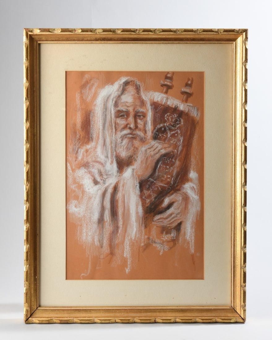 Monroe Reisman (American, 1910 - 2004) Pastel: Pastel on paper depicting a Rabbi holding a Torah scroll, signed lower right, matted and framed. Sight: approx. 18" x 12". Frame: approx. 25" x 19". Our primary recommendation is to arrange shipping