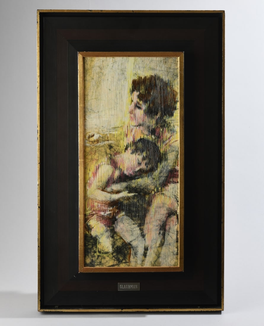 Edna Glaubman (American, 1919 - 1986): Mixed media on board, signed lower left, depicting a seated embrace with mother and child, in shadowbox frame with artist's name plate. Some wear to frame. Sight: approx 19 1/4" x 8 1/2".Frame: