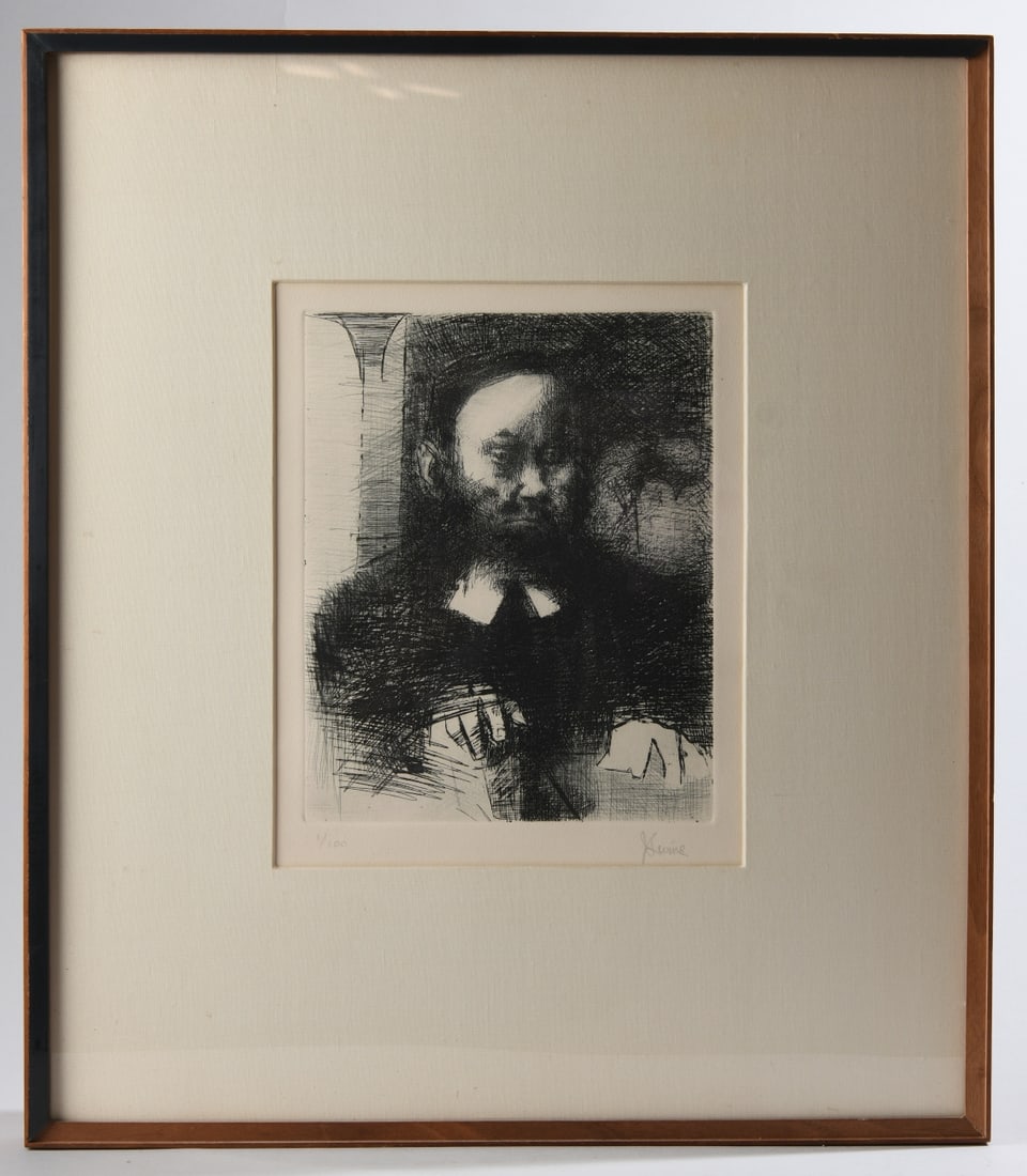 Jack Levine (American, 1915 - 2010) Etching: "Rabbi In His Study" etching on paper, pencil signed lower right, numbered 1/100 lower left, matted and framed. Sight: approx. 11" x 9". Frame: approx. 21 1/4" x 16 1/2". Our primary recommendation