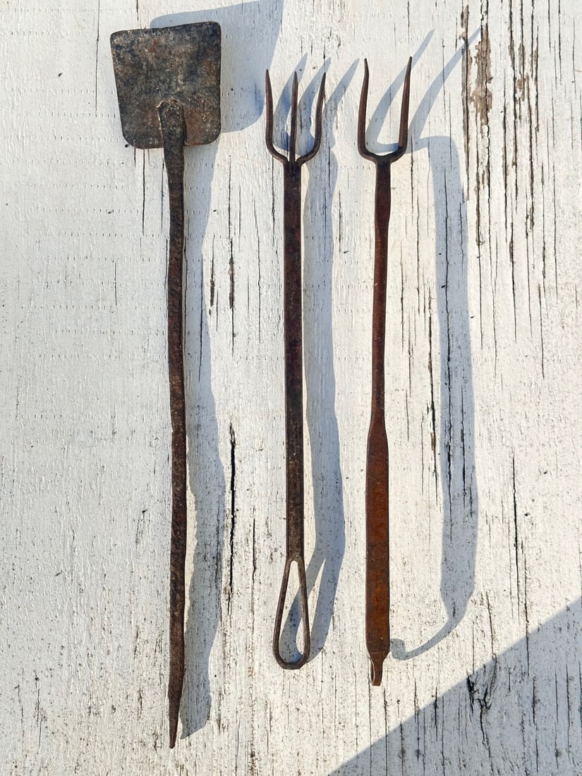 Three Antique Wrought Iron Hearth Cooking Tools: One with red painted collection number. Longest: approx. 20 1/2". Our primary recommendation is to arrange shipping yourself using Blue Ridge Pack & Ship. Most bidders find this is the most
