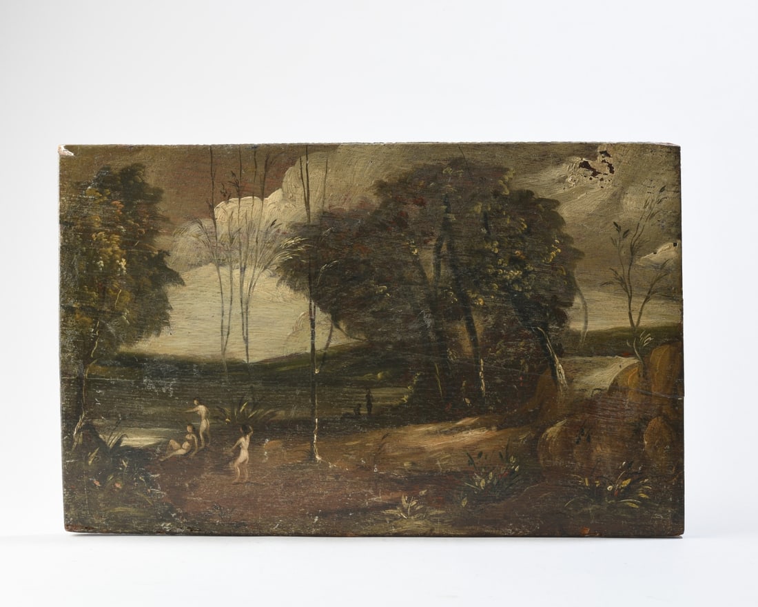 Oil on Panel, Wooded Landscape with Figures: Cracked panel with partial inscription to verso, unsigned, unframed. Approx. 13 1/4" x 8 1/2". Our primary recommendation is to arrange shipping yourself using Blue Ridge Pack & Ship. Most bidders