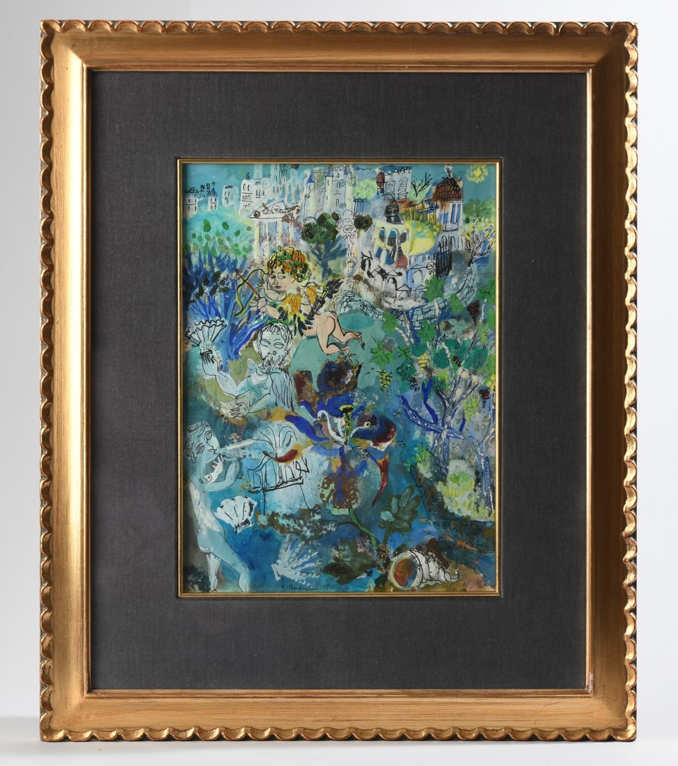 C. Bertman (French, 20th C.) Mixed Media: Whimsical surrealist mixed media painting by French illustrator C. Bertman, signed and dated 1955 lower right, in watercolor, gouache and pen & ink, matted and framed. Some damage to frame. Visible im