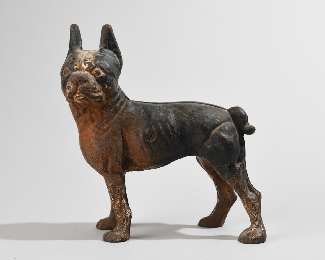 Cast Iron Boston Terrier Doorstop: Painted decoration, weathered patina. Dimensions approx. 9 1/4" x 8" x 4". VHC 338 Our primary recommendation is to arrange shipping yourself using Blue Ridge Pack & Ship. Most bidders find this is th