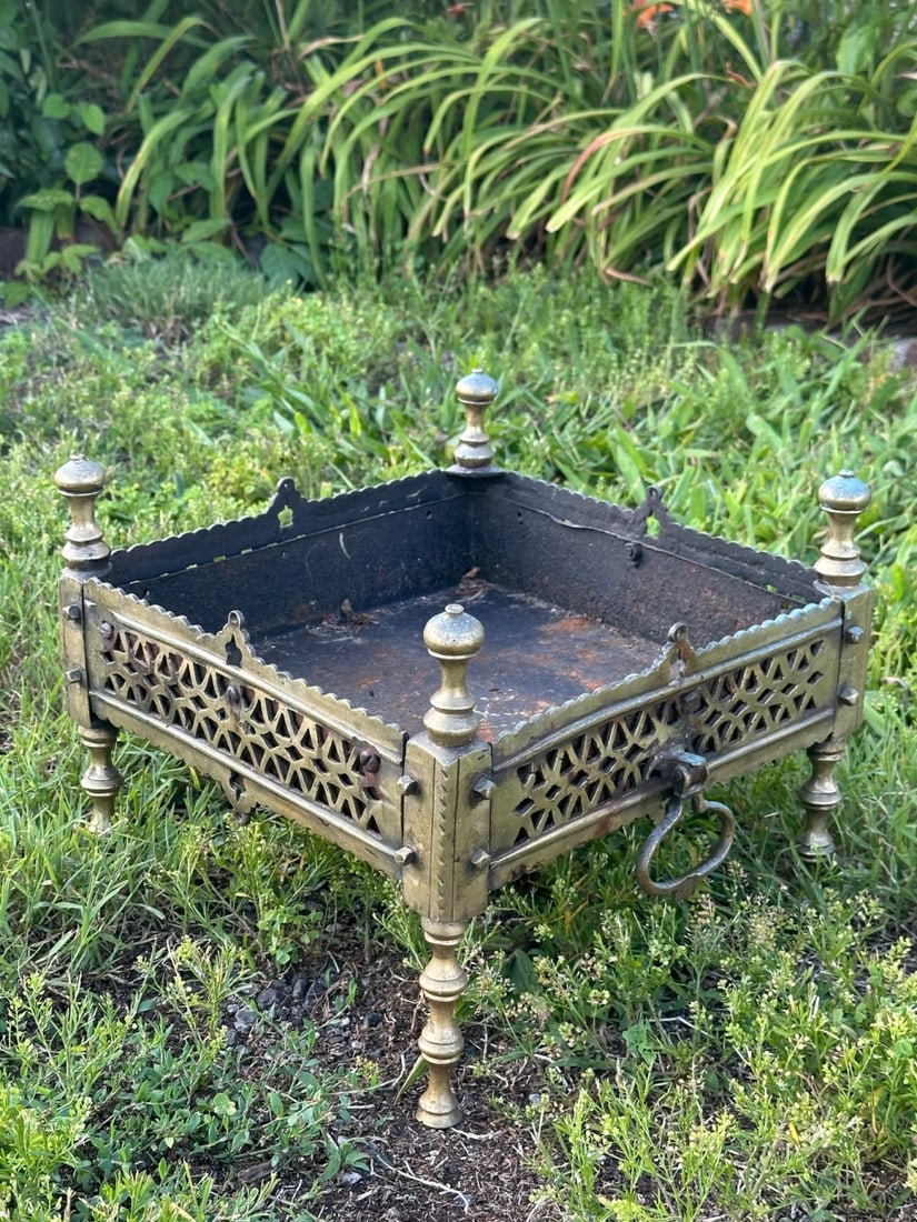 Brass Decorative Planter or Coal Box: With pierced decoration, ring handles and fitted steel interior liner (bolted in), some rust and wear. Approx. 11 1/2" x 14" x 14". VHC 348 Our primary recommendation is to arrange shipping yourself