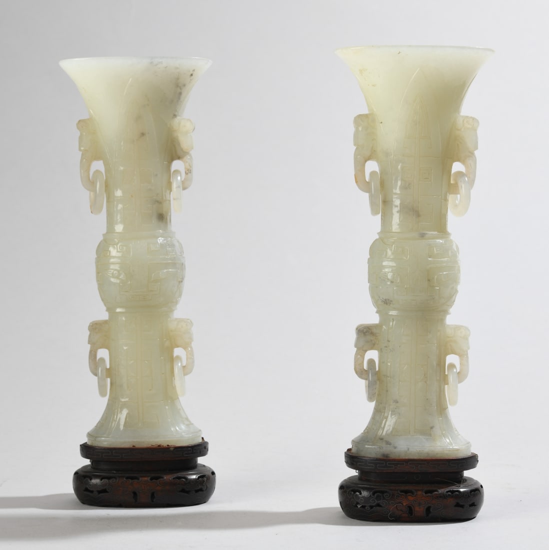 Pair of Chinese Carved Jade Gu Form Vases (1 of 12)