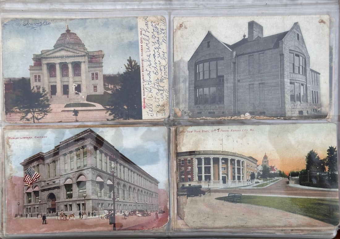 Mixed Grouping Vintage & Antique Postcards: In plastic covers in spiral-bound book with extra empty covers, from early 1900s - 1950s, all in as-found condition. Book: approx. 12" x 11 1/2" x 3 1/4". Our primary recommendation is to arrange ship