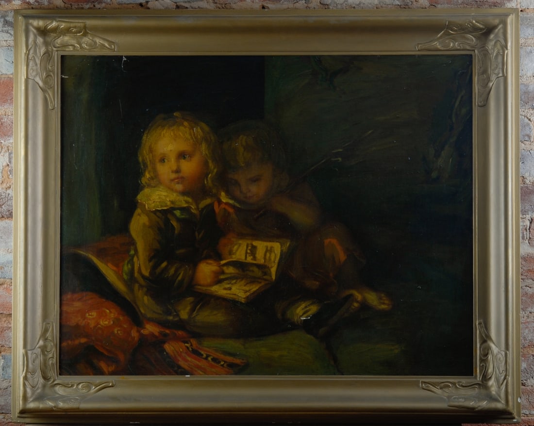 20th C. Oil on Board, Scene with Children Reading: Large oil on board depicting two children seated together, one holding an open book while the other looks outward. Unsigned, in gilt frame. Some tears near edges, scattered abrasions, small paint loss
