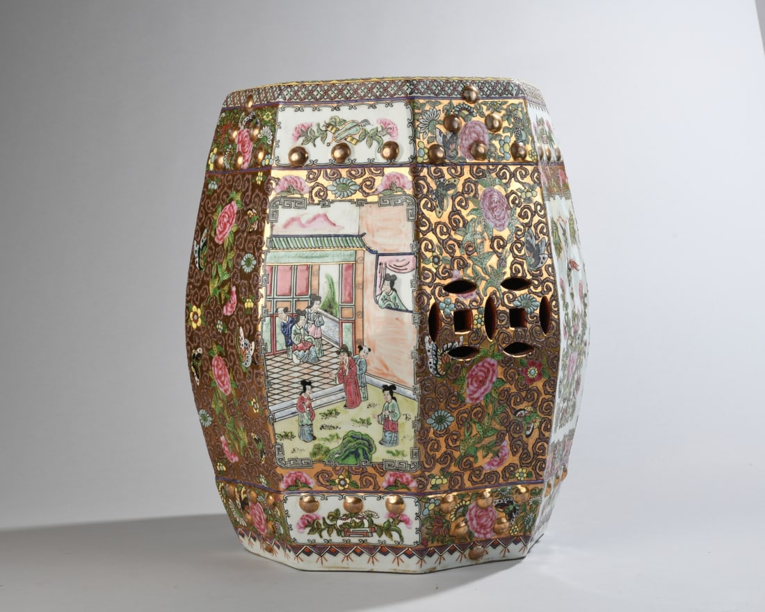 Chinese Famille Rose Porcelain Garden Seat: Octagonal form, with scenes of court ladies and attendants in pavilion garden settings, and birds among flowering branches. 20th century Canton export production. Our primary recommendation is to