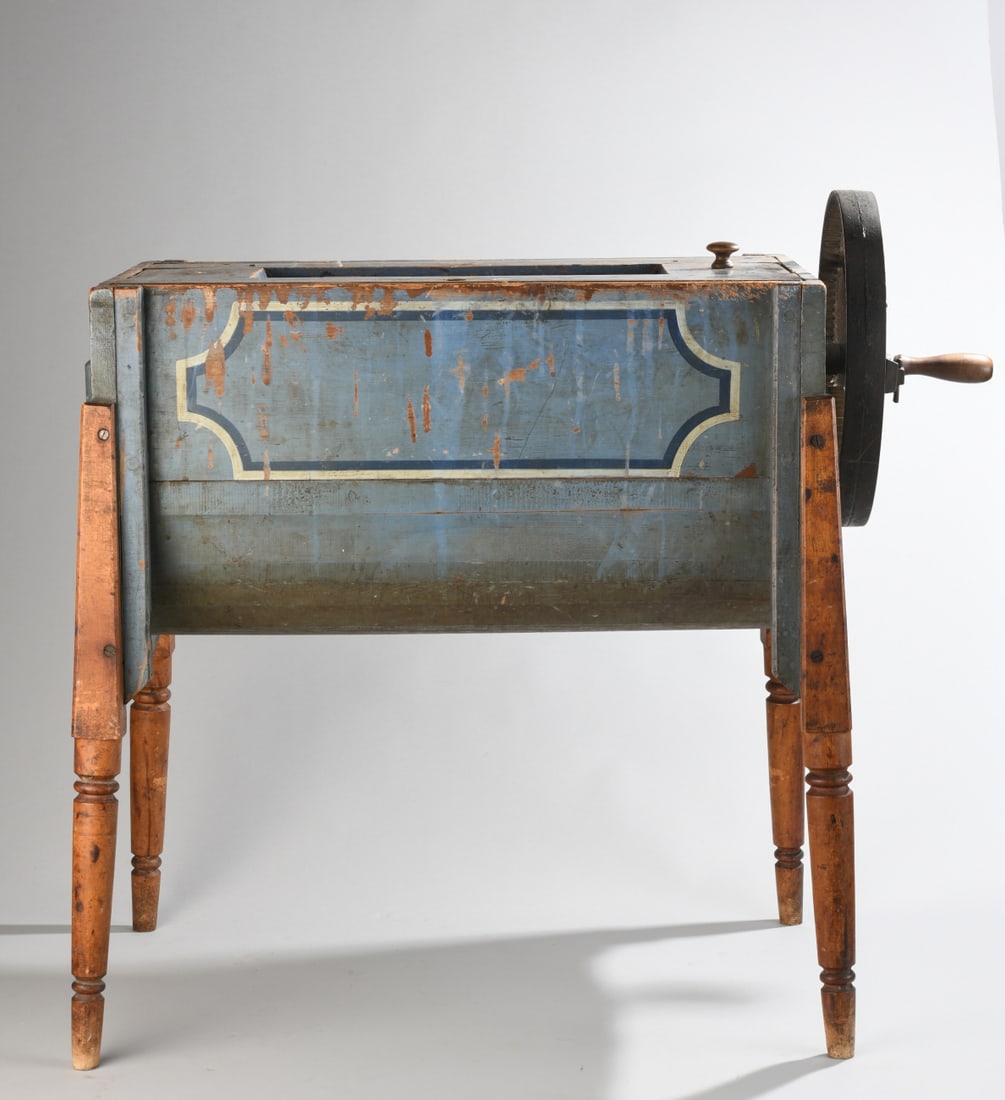 19th C. Painted Wood Hand Crank Washing Machine: H: approx. 30 1/2". L: approx. 28 1/2". D: approx. 16 1/2". Our primary recommendation is to arrange shipping yourself using Blue Ridge Pack & Ship. Most bidders find this is the most economical