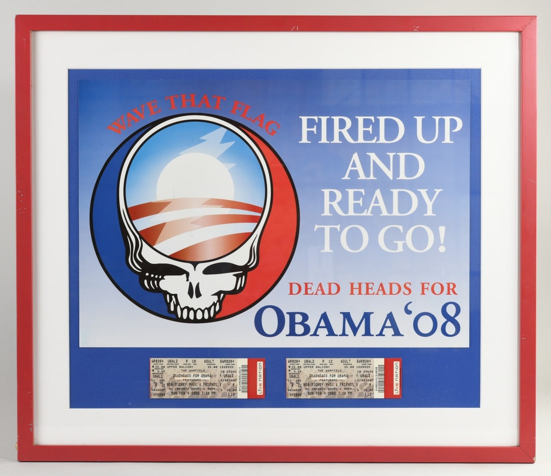 Deadheads for Obama 2008 Poster & Tickets: Promotional poster for the Deadheads for Obama benefit concert at The Warfield, San Francisco, February 4, 2008, featuring a Grateful Dead skull rendered in the Obama campaign logo colors and motifs,