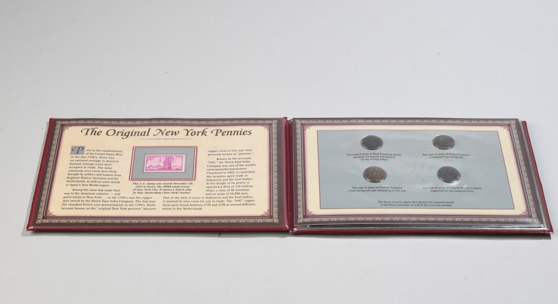 The Original New York Pennies Dutch Coins: Folio includes four Dutch coins and one stamp circa 1953. Dimensions approx. 10" x 6 1/2". Our primary recommendation is to arrange shipping yourself using Blue Ridge Pack & Ship. Most bidders find