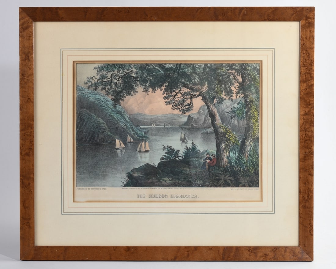 Currier & Ives Hudson Highlands Print: Hand-colored lithograph, 'The Hudson Highlands,' published by Currier & Ives, matted and framed. Frame: approx. 17 1/4" x 20". Image: approx. 9 1/2" x 13". Our primary recommendation is to arrange