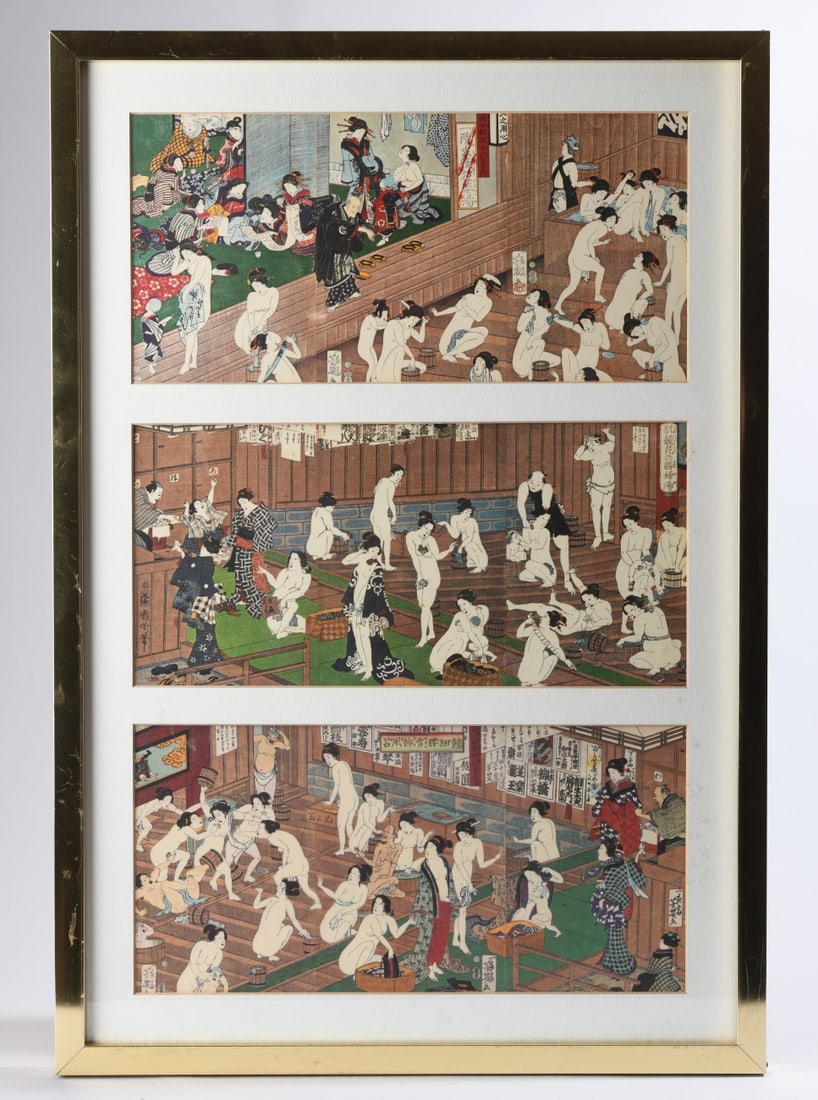 After Kunichika, Woodblock Triptych: Edo-period bathhouse scene, matted and framed. Sight (each): approx. 14" x 6 3/4". Frame: approx. 26 1/4" x 18". Our primary recommendation is to arrange shipping yourself using Blue Ridge Pack &