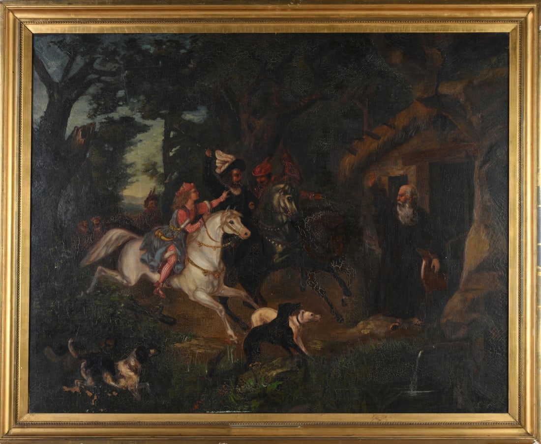 19th Century Narrative Equestrian Scene: Oil on canvas depicting a narrative scene with mounted figures, hounds, and an elderly hermit accompanied by a deer before a rustic woodland dwelling, likely representing the legend of Saint Giles.