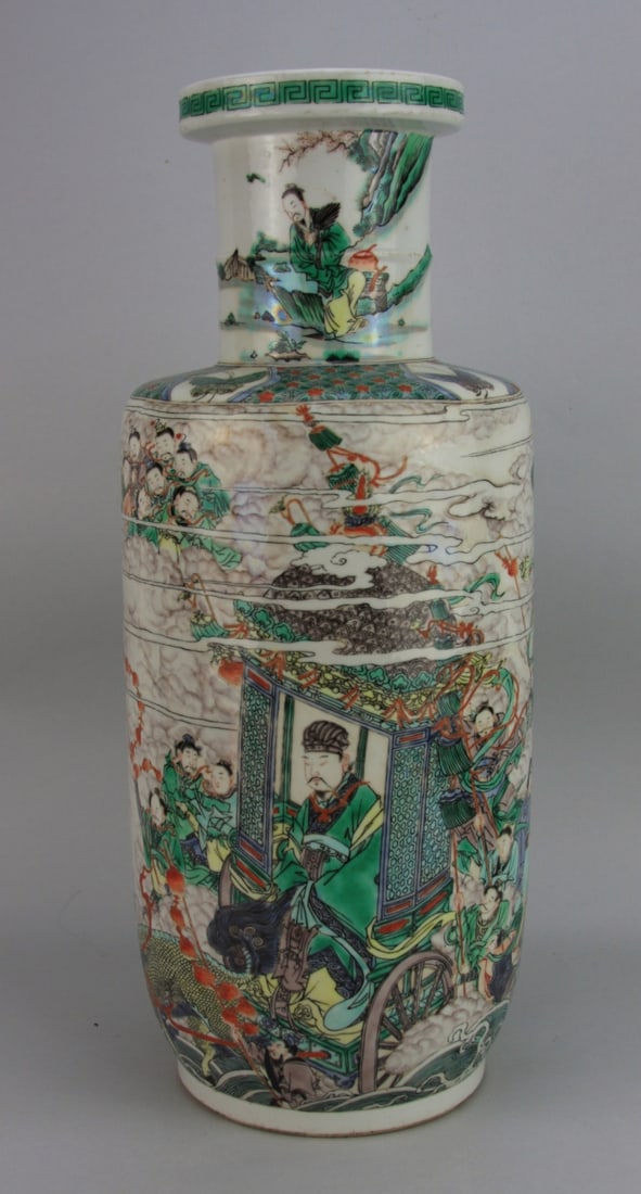 Chinese Famille Verte Porcelain Rouleau Vase: Enamel decorated, depicting a mythical story, Kangxi mark on base. H: approx. 18". Our primary recommendation is to arrange shipping yourself using Blue Ridge Pack & Ship. Most bidders find this is th