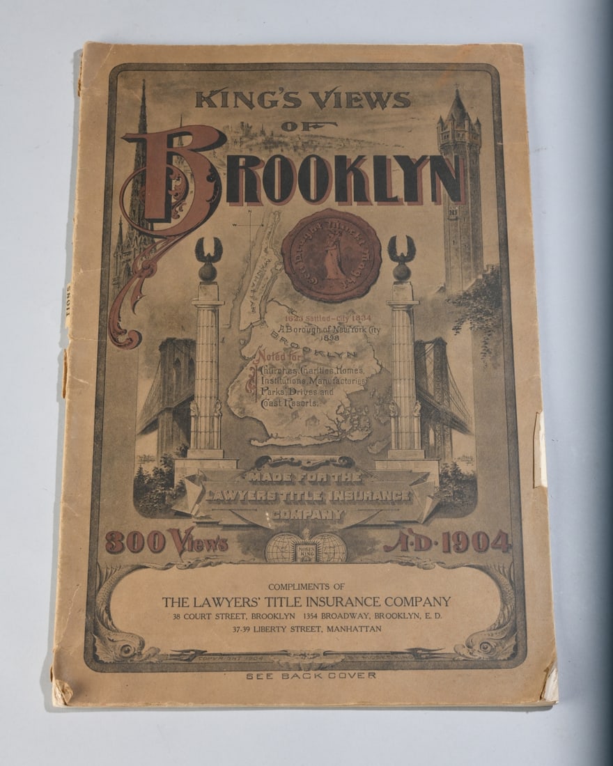 King's Views of Brooklyn, 1904: Promotional view book prepared for the Lawyers' Title Insurance Company, with approximately 300 views of Brooklyn, including architectural photographs, streetscapes, civic buildings, bridges, etc.