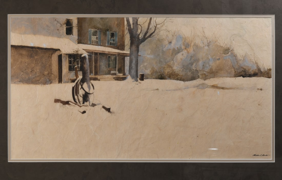 Charles A. Colombo Sr. (American, 1927 - 2015): Mixed media on handmade Japanese paper, depicting a snow-covered farmhouse and yard, signed lower right. Dated 2007 on verso label. Colombo's work has been held in the private collections of John F.