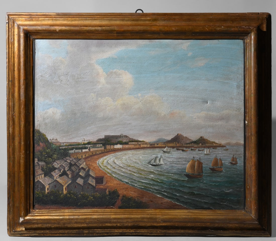 19th C. Chinese School Oil on Canvas: China Trade painting depicting the Praia Grande, Macao, with European style buildings lining the curving waterfront, hilltop fortifications, and numerous sailing vessels in the harbor. Unsigned,